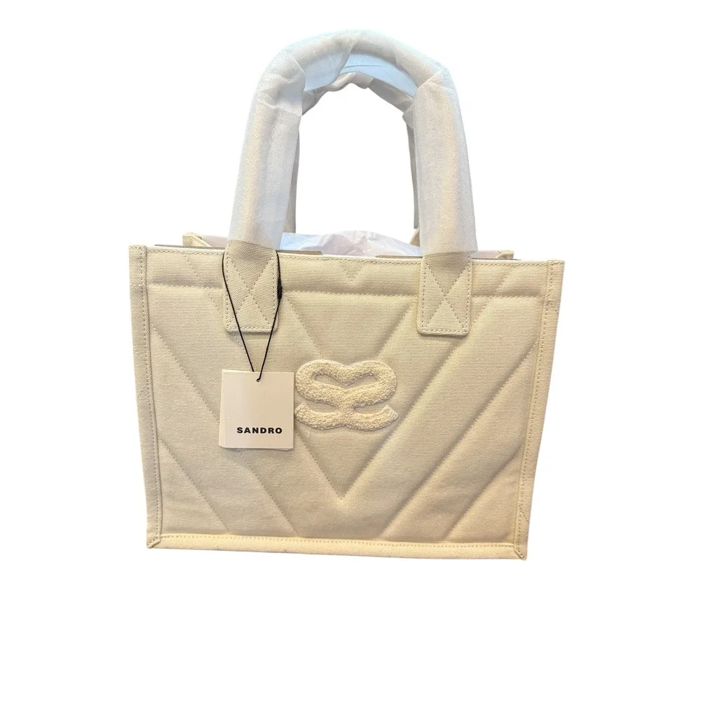 Sandro Quilted Canvas Tote Bag‎ Top Handle Chevron Logo Cream Small NWT - Picture 2 of 4